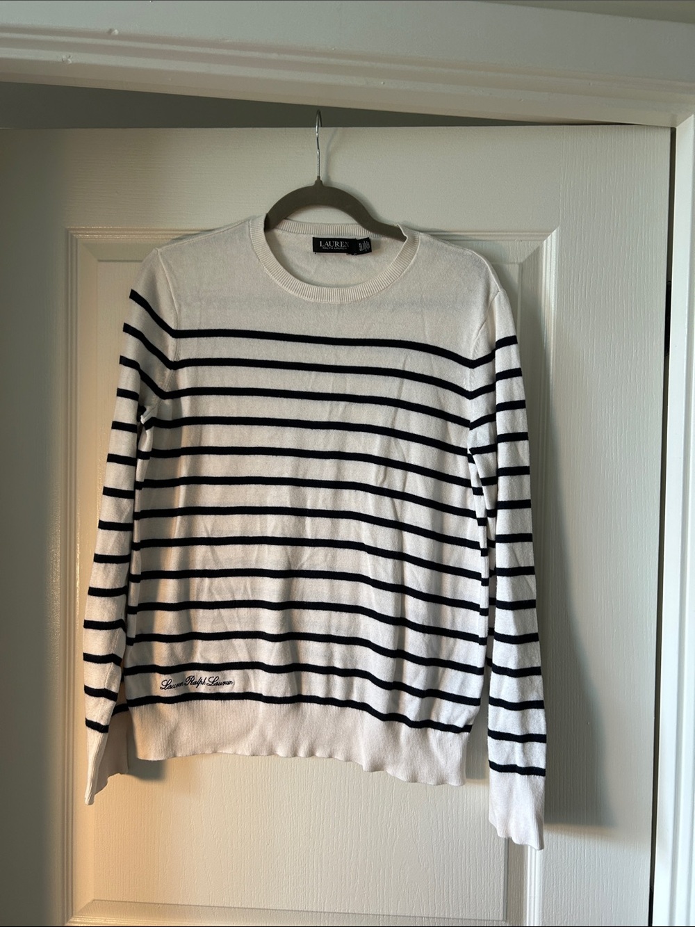 Lauren Ralph Lauren White Crewneck Sweater with Black Stripes